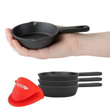 Modern Innovations Mini Black Cast Iron Skillet Set with Silicone Mitt (4 Count) - 3.5 Inch Pans, Pre Seasoned Small Skillets for Baked Cookie/Brownie or Cooked Eggs - Brands For Less USA