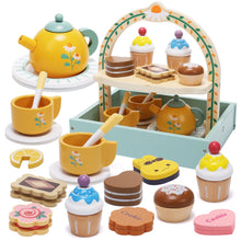 JoyStone Wooden Tea Party Set for Toddlers, Pretend Play Tea Sets for Kids with Storage Cupcake Stand, Wooden Toys Gifts for Girls & Boys
