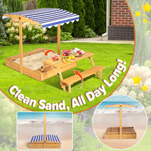 Haverchai Kid Sandbox with Lid, Outdoor Wooden Sand Boxes with Kids Picnic Table, Sandpit with Cover Canopy, Toddler Outdoor Playhouse with 2 Bench, Adjustable Roof & Bottom Liner for Backyard, Beach