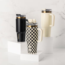 Thyme & Table 32 fl oz Stainless Steel Luna Tumbler with Handle and Dual Straw Lid, Cream & Black Check