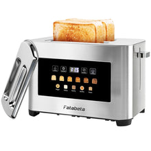 Tostadora Fatabeta de 2 rebanadas con tapa antipolvo, ranura ancha para bagels y pan, tostado uniforme de 6 niveles, descongelación y recalentamiento, pantalla táctil LED inteligente, acero inoxidable 