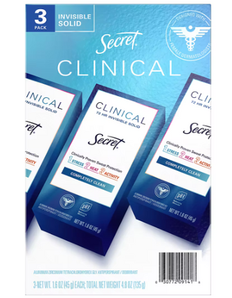 Secret Clinical Strength Invisible Solid Antiperspirant and Deodorant - Completely Clean, 3pk./1.6 oz.