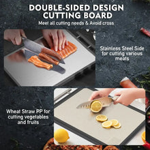 Double-Sided Cutting Board, AOKIWO Large Cutting Boards with Handle & Knife Protector finger guard，Non toxic Stainless Steel Wheat straw PP Chopping Board for Kitchen meat and vegetables-16 * 11 Inch