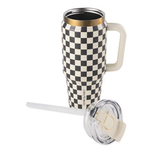 Thyme & Table 32 fl oz Stainless Steel Luna Tumbler with Handle and Dual Straw Lid, Cream & Black Check