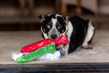 Multipet Plush Holiday Loofa Dog Toy with Sparkly Snowflakes, Stuffing & Squeaker, 3 pack with Red, Green & White, 12" Each