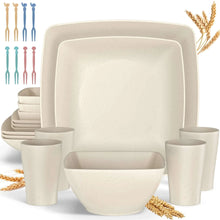 GPED 24 Pcs Wheat Straw Square Dinnerware Sets For 4, Unbreakable Dish Sets, Reusable Plates and Bowls Sets, Dinner Plates, Travel Camping Cutlery Set, Dishwasher Microwave Safe, Beige - Brands For Less USA