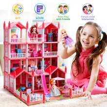 JoyStone Play Dollhouse with Doll Toy Figures, 14 Rooms Furniture and Colorful Lights, Creative Doll House Gift for Girls Ages 3+, Assemble Required, Pink