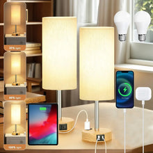 2PCS Small Touch Control Table Lamps for Bedroom, 3 Way Dimmable Bedside Lamp with USB C+A Fast Charging Ports, Nightstand Lamp for Office, Living Room, Reading, Bulbs Included, Wood