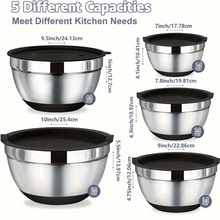 AOKIWO Mixing Bowls with Airtight Lids, 8PCS Stainless Steel Bowls Set with 3 Grater Attachments, Kitchen Bowls with Non-Slip Bottoms, Size 5, 4, 3.5, 2, 1.5 QT for Mixing & Serving, Black