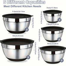 AOKIWO Mixing Bowls with Airtight Lids, 8PCS Stainless Steel Bowls Set with 3 Grater Attachments, Kitchen Bowls with Non-Slip Bottoms, Size 5, 4, 3.5, 2, 1.5 QT for Mixing & Serving, Black