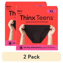 (2 pack) Thinx Teens Cotton Bikini Leakproof Period Underwear, S-XL, Black