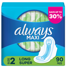 Always Long and Super Maxi Pads with Flexi-Wings Multipack, 90 ct.