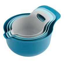 Mainstays 4 Piece Nesting Plastic Mixing Bowl Set with Pour Spouts and Handles, Blue