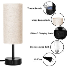 Walchoice Table Lamp Set of 2, Touch Control Desk Reading Lamp with USB A+C Charging Ports, 3-Way Dimmable Nightstand Lamps for Bedroom/ Living Room, Round Flaxen Shade