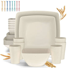 GPED 32 Pcs Wheat Straw Square Dinnerware Sets For 6, Unbreakable Dish Sets, Reusable Plates and Bowls Sets, Dinner Plates, Travel Camping Cutlery Set, Dishwasher Microwave Safe, Beige - Brands For Less USA