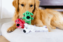 Multipet Plush Holiday Loofa Dog Toy with Sparkly Snowflakes, Stuffing & Squeaker, 3 pack with Red, Green & White, 12" Each