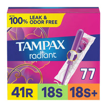 Tampax Radiant Feminine Care Tampons for Women, Regular/Super/Super Plus, Unscented, 77 ct.