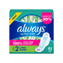 Always Ultra Thin Feminine Pads with Wings for Women, Size 2, Long Super Absorbency, Unscented, 92 ct.