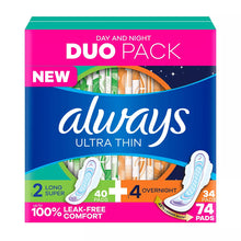 Always Ultra Thin Pads Duo Pack, Feminine Pads, Size 2 Long Super and 4 Overnight Absorbency, 74 ct.