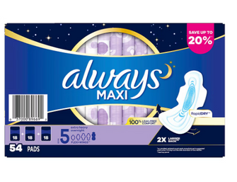 Always Extra-Heavy Overnight Maxi Pads with Flexi-Wings, 54 ct.