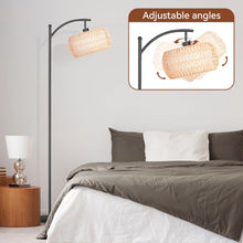 SUNMORY 63'' Dimmable Arc Rattan Floor Lamp, Black Standing Lamp with Rattan & Fabric Double Drum Shade, Boho Farmhouse Tall Lamp for Living Room, Lamps for Bedroom