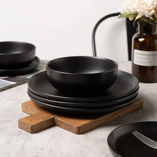 12-Piece Stoneware Dinnerware Set with Mugs | Microwave and Dishwasher Friendly | Stackable Matte Glaze Plates & Bowls | Service for 3 (Black for 3) - Brands For Less USA