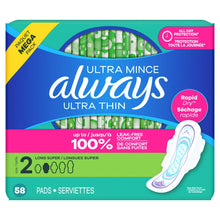 (3 pack) Always Ultra Thin Pads with Wings, Size 2, Long Super Absorbency, 58 Count