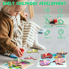 Puzzles for Kids, Wooden Peg Puzzles for Toddlers 2 3 4 Years Old, 4 Pcs Montessori Educational Learning Puzzles Set - Dinosaur, Farm, Sea Animal and Fruit