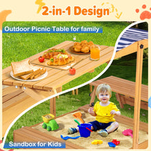 Haverchai Kid Sandbox with Lid, Outdoor Wooden Sand Boxes with Kids Picnic Table, Sandpit with Cover Canopy, Toddler Outdoor Playhouse with 2 Bench, Adjustable Roof & Bottom Liner for Backyard, Beach