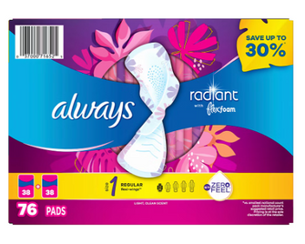 Always Radiant Size 1 Regular Pads with Wings, 76 ct. - Scented