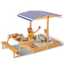 Haverchai Kid Sandbox with Lid, Outdoor Wooden Sand Boxes with Kids Picnic Table, Sandpit with Cover Canopy, Toddler Outdoor Playhouse with 2 Bench, Adjustable Roof & Bottom Liner for Backyard, Beach