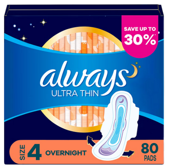 Always Ultra Thin Size 4 Overnight Pads with Flexi-Wings, 80 ct. - Unscented