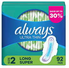 Always Ultra Thin Size 2 Long Super Pads with Flexi-Wings, 92 ct. - Unscented