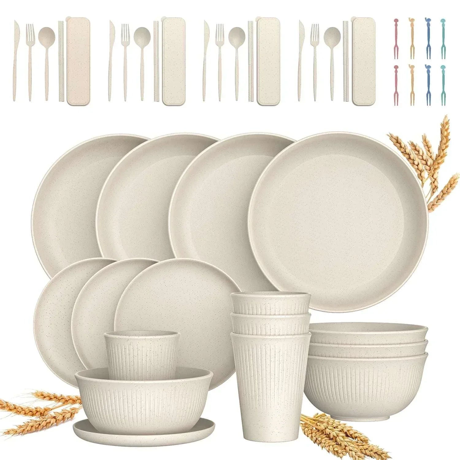 GPED 48 Pcs Wheat Straw Dinnerware Sets For 4, Unbreakable Dinnerware ...