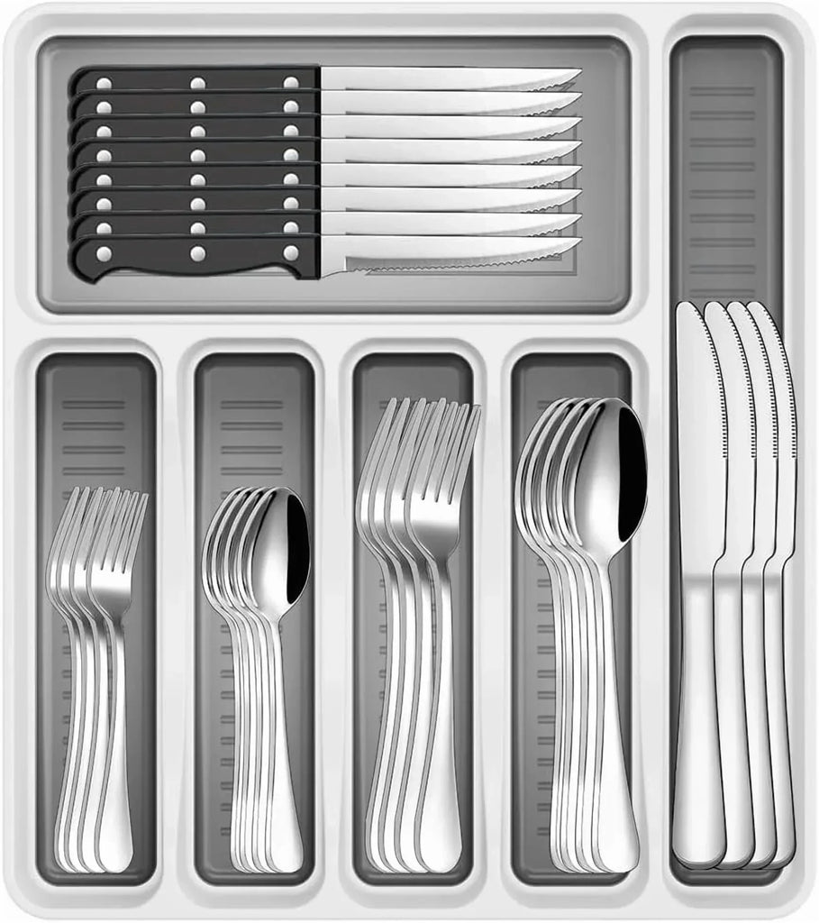 48-Piece Silverware Set with Organizer, Stainless Steel Silverware Fla ...