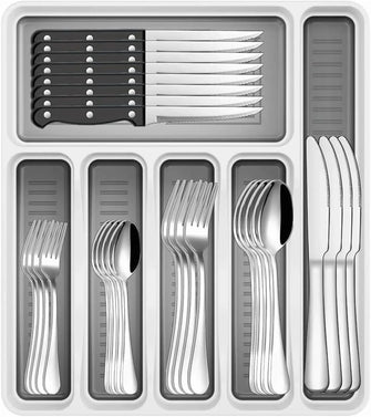 48-Piece Silverware Set with Organizer, Stainless Steel Silverware Fla ...