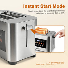 Tostadora Fatabeta de 2 rebanadas con tapa antipolvo, ranura ancha para bagels y pan, tostado uniforme de 6 niveles, descongelación y recalentamiento, pantalla táctil LED inteligente, acero inoxidable 