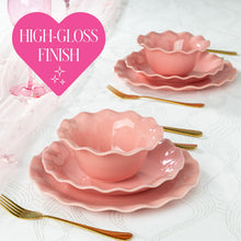 Paris Hilton Heiress Collection 12-Piece Stoneware Dinnerware Set, Plates & Bowls Dish Set, Service for 4, Microwave & Dishwasher Safe, Rose Pink with Scalloped Ruffle Rim