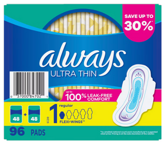 Always Ultra Thin Regular Pads with Flexi-Wings, 96 ct.