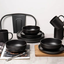12-Piece Stoneware Dinnerware Set with Mugs | Microwave and Dishwasher Friendly | Stackable Matte Glaze Plates & Bowls | Service for 3 (Black for 3) - Brands For Less USA