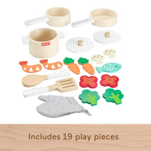 Fisher-Price Wooden Kitchen Pots & Pans Set, 19 Wood Pieces for Preschool Pretend Play, Ages 3+ Yearspla