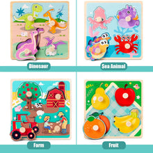 Puzzles for Kids, Wooden Peg Puzzles for Toddlers 2 3 4 Years Old, 4 Pcs Montessori Educational Learning Puzzles Set - Dinosaur, Farm, Sea Animal and Fruit