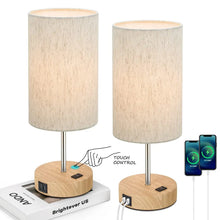 2PCS Small Touch Control Table Lamps for Bedroom, 3 Way Dimmable Bedside Lamp with USB C+A Fast Charging Ports, Nightstand Lamp for Office, Living Room, Reading, Bulbs Included, Wood