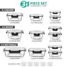 34pcs Glass Food Storage Containers with Lids Set, Airtight Meal Prep Containers (17 Containers & 17 Lids), Black