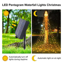 Magotan 12ft 350 LED Waterfall Christmas Lights Outdoor Decoration Twinkle Solar Christmas Tree String Lights with Top Star Xmas Holiday Garden Yard Decoration, Warm White