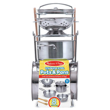 Melissa & Doug Stainless Steel Pots and Pans Pretend Play Kitchen Set for Kids with Wooden Utensils (8 Pcs)