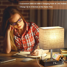 GPED Bedside Table Lamp for Bedroom with Dual Fast USB Charging Ports, Fully Dimmable Nightstand Lamps with 2 Phone Stands and 2 Charging Outlets, Desk lamp with Fabric Shade for Living Room