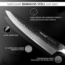Cuchillo de chef japonés Hecef, forjado en acero de Damasco de 67 capas, ultra afilado, profesional, para trinchar y martillar.