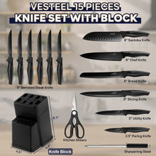 Vesteel Knife Set for Kitchen with Block, 15 Pcs High Carbon Stainless Steel Kitchen Knife Set with Self Sharpening