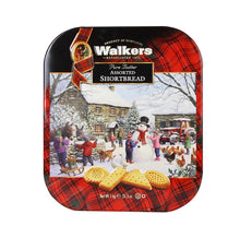 Walkers shortbread tin with Christmas scene design on a white background